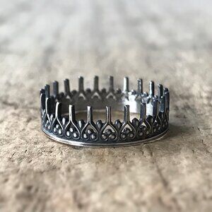Oxidized Sterling Silver Crown Ring Inverted Heart Romantic Filigree Jewelry